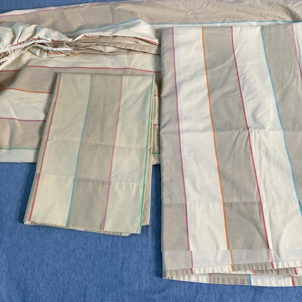 VTG TWIN Atelier Martex Pillowcase & Sheets Percale ~ Beige Tan w Pastel Stripes